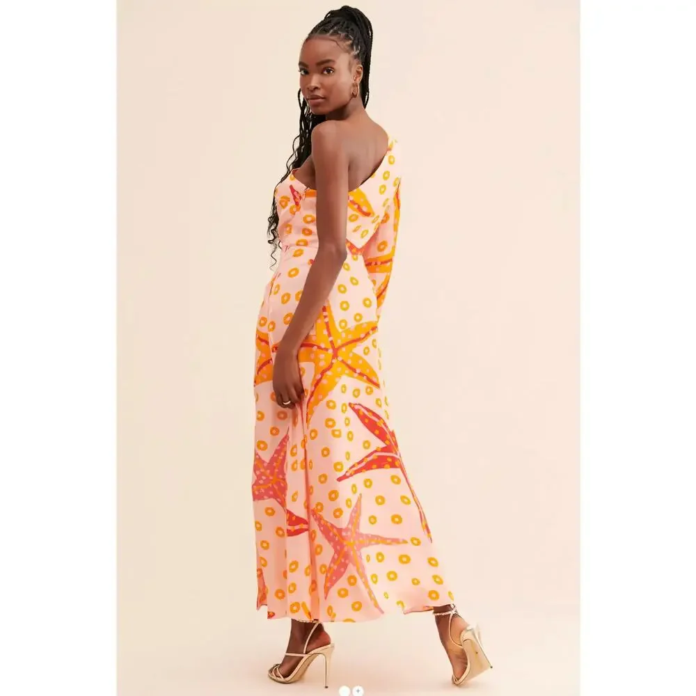 Farm Rio Anthropologie One Shoulder Starfish Maxi Dress Orange Pink Size Large - Picture 2 of 11